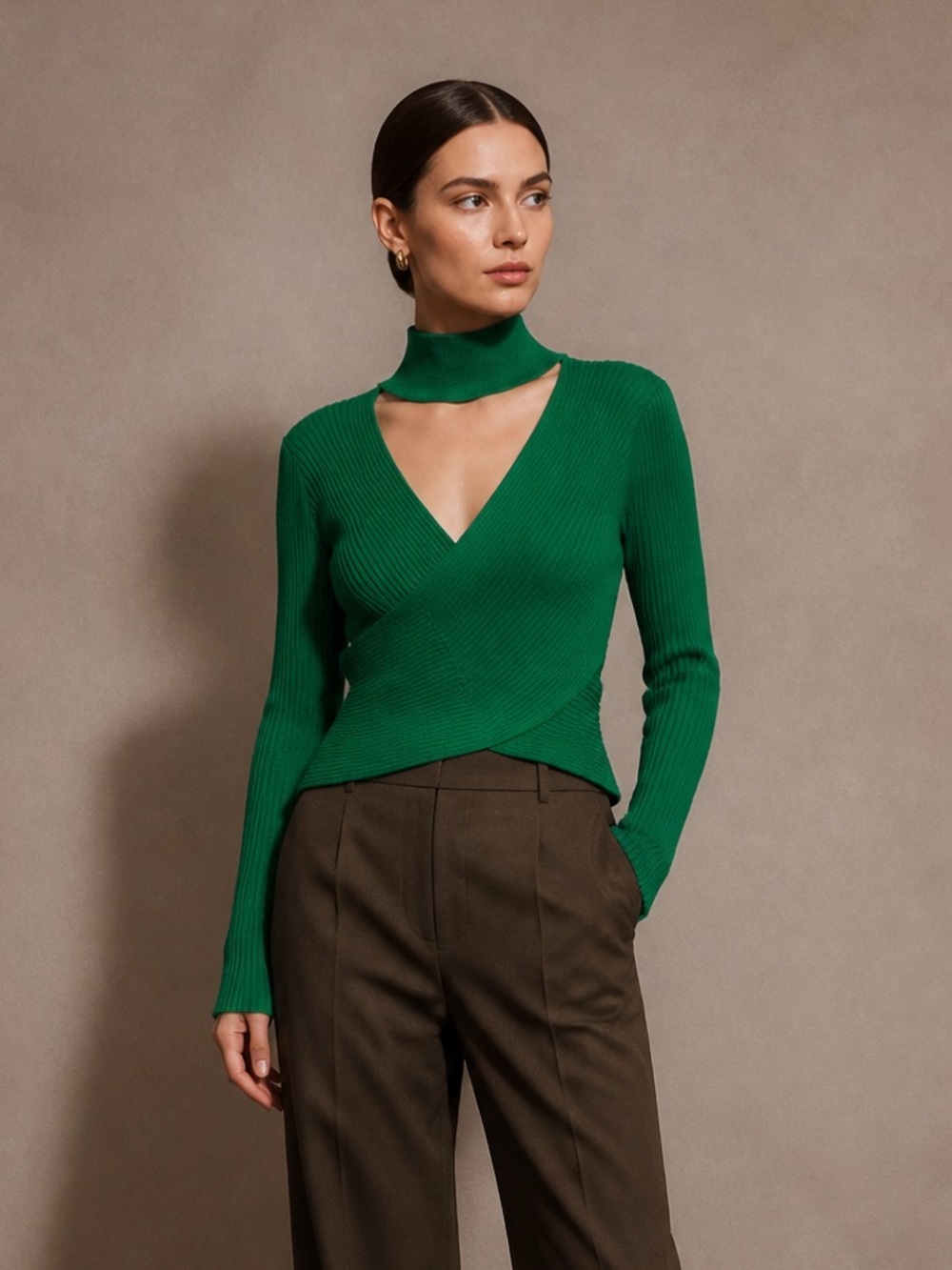 Zara Emerald Green Ribbed Wrap Neck Cutout Top